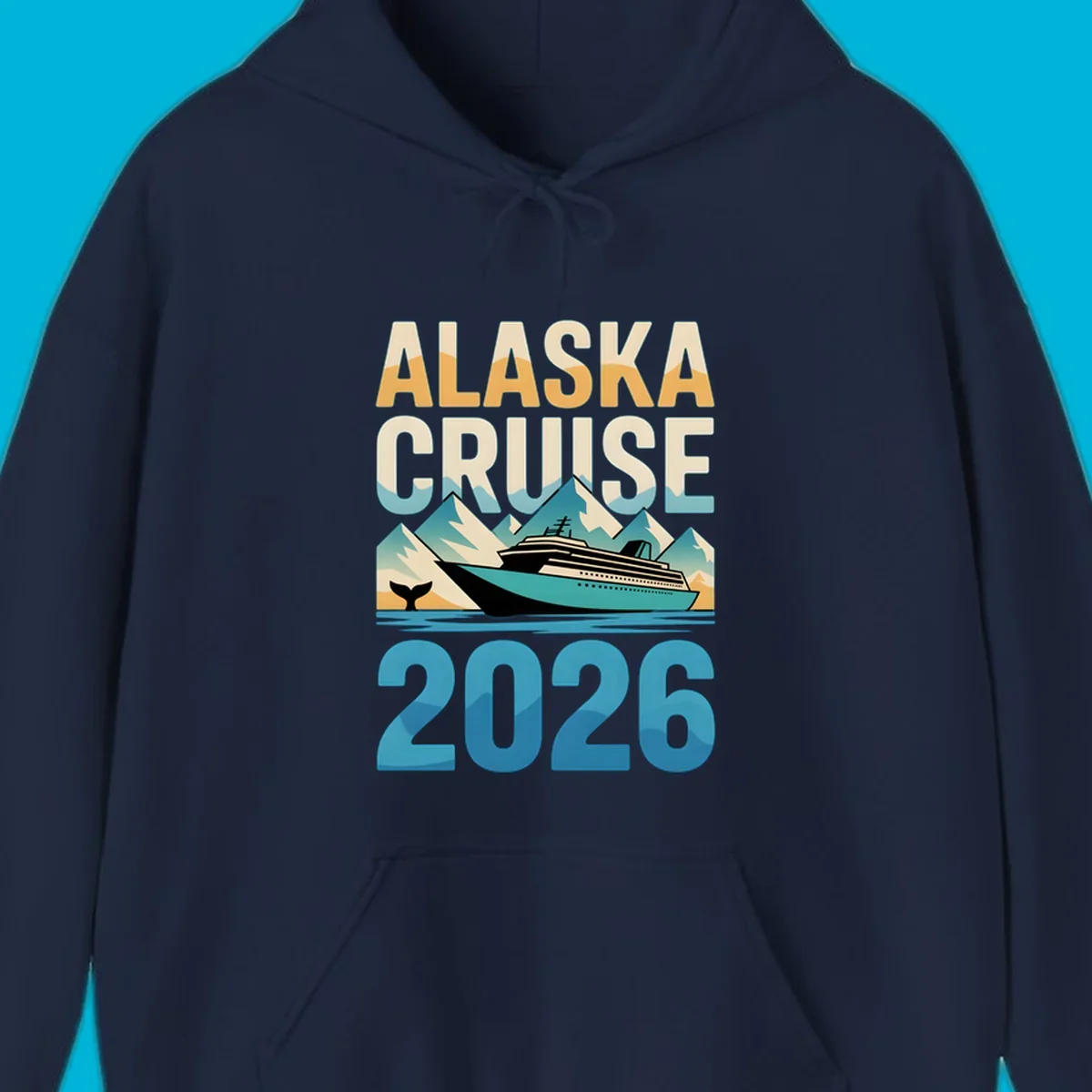 Vintage-style 'ALASKA CRUISE 2026' design with a cruise ship, mountains, and whale tail; alaska-cruise-ship-2026.