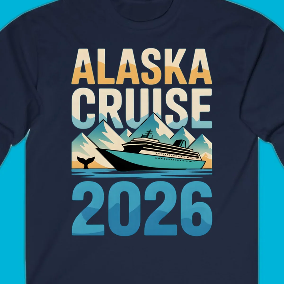 Vintage-style 'ALASKA CRUISE 2026' design with a cruise ship, mountains, and whale tail; alaska-cruise-ship-2026.