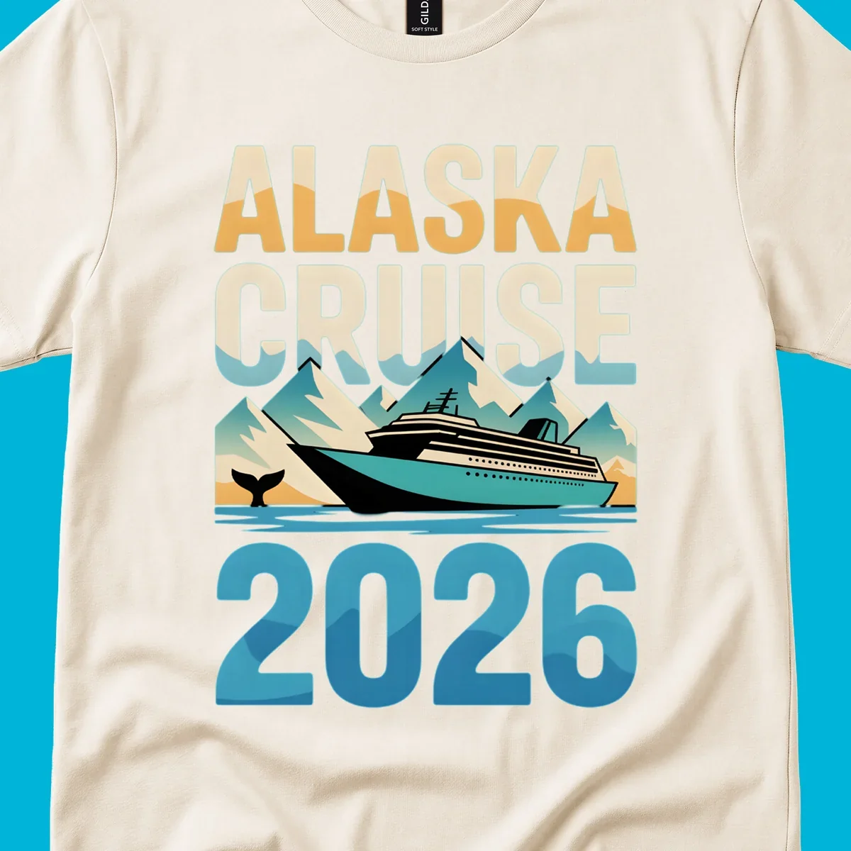 Vintage-style 'ALASKA CRUISE 2026' design with a cruise ship, mountains, and whale tail; alaska-cruise-ship-2026.