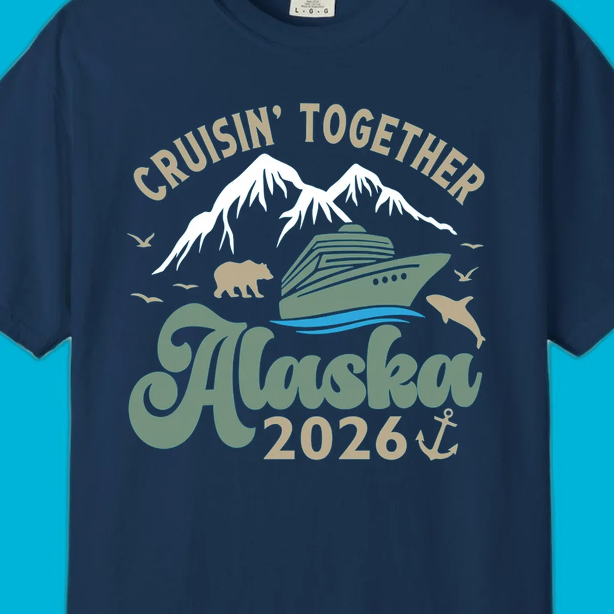 An illustration for a cruisin-together-alaska-2026 design, showing a cruise ship, mountains, bear, dolphin, and birds.