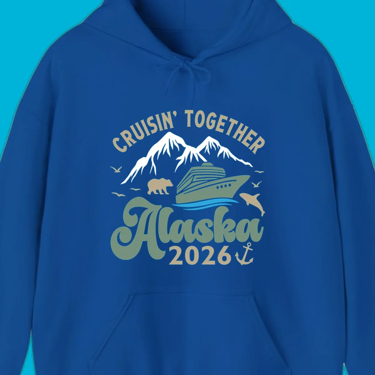 An illustration for a cruisin-together-alaska-2026 design, showing a cruise ship, mountains, bear, dolphin, and birds.