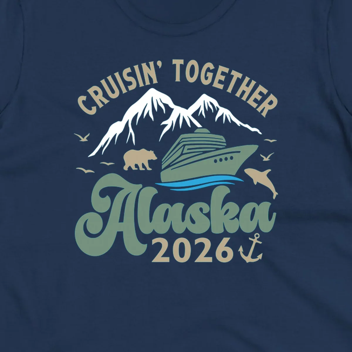 An illustration for a cruisin-together-alaska-2026 design, showing a cruise ship, mountains, bear, dolphin, and birds.
