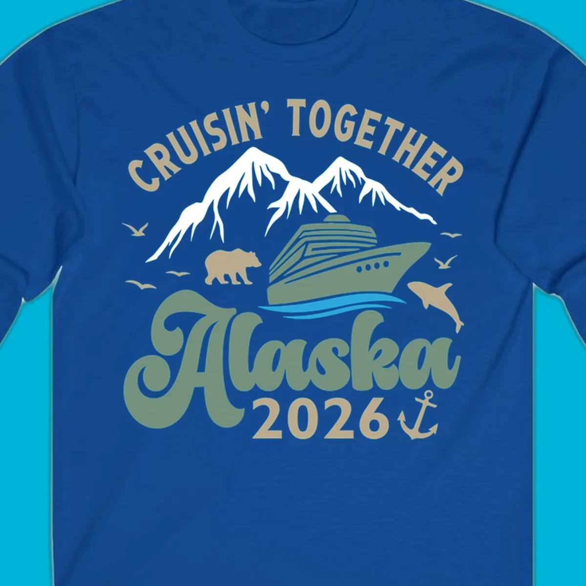 An illustration for a cruisin-together-alaska-2026 design, showing a cruise ship, mountains, bear, dolphin, and birds.