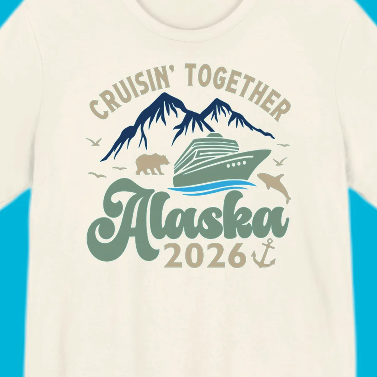 An illustration for a cruisin-together-alaska-2026 design, showing a cruise ship, mountains, bear, dolphin, and birds.