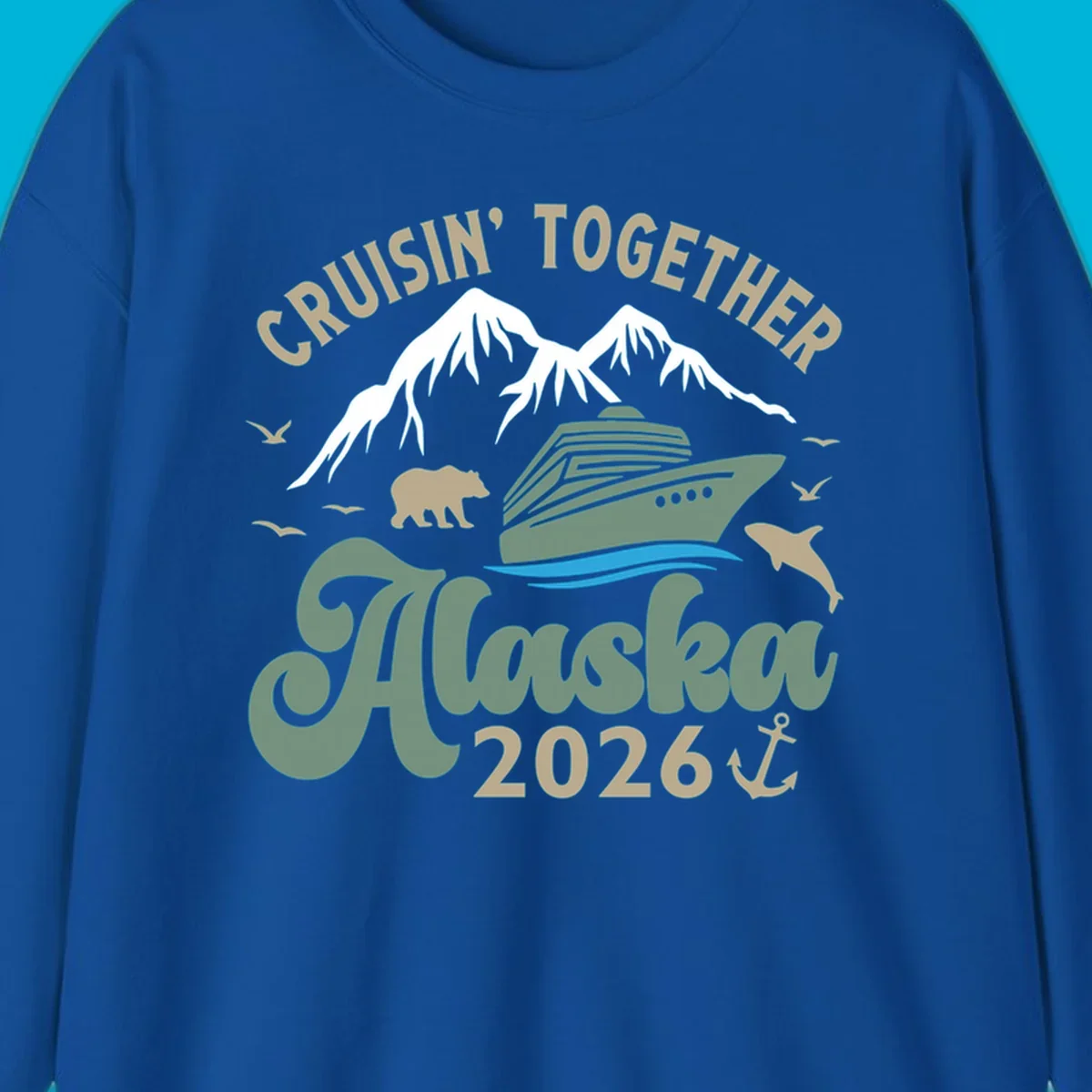 An illustration for a cruisin-together-alaska-2026 design, showing a cruise ship, mountains, bear, dolphin, and birds.