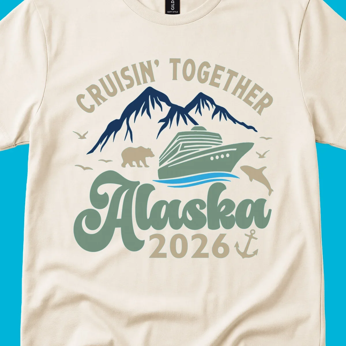 An illustration for a cruisin-together-alaska-2026 design, showing a cruise ship, mountains, bear, dolphin, and birds.