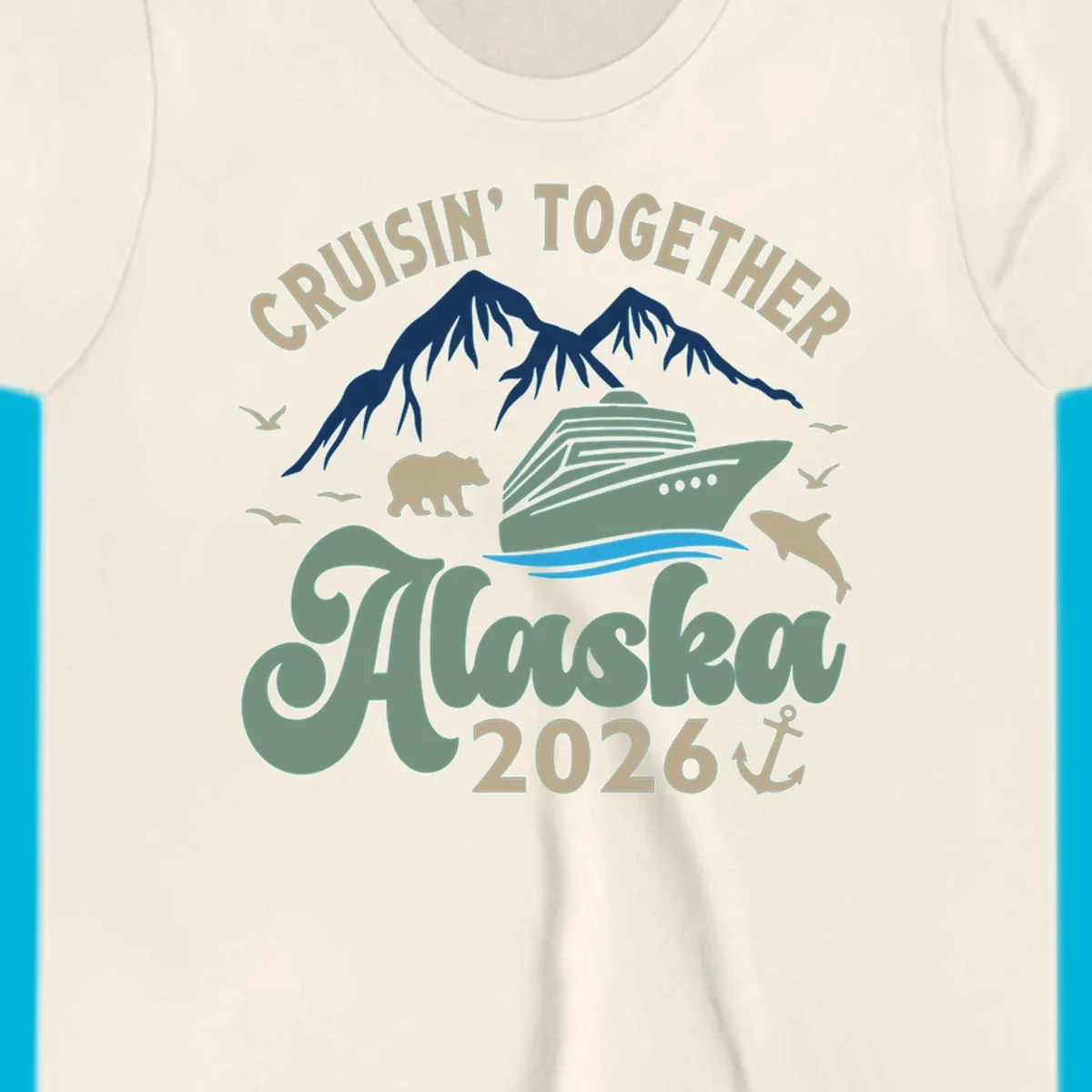 An illustration for a cruisin-together-alaska-2026 design, showing a cruise ship, mountains, bear, dolphin, and birds.