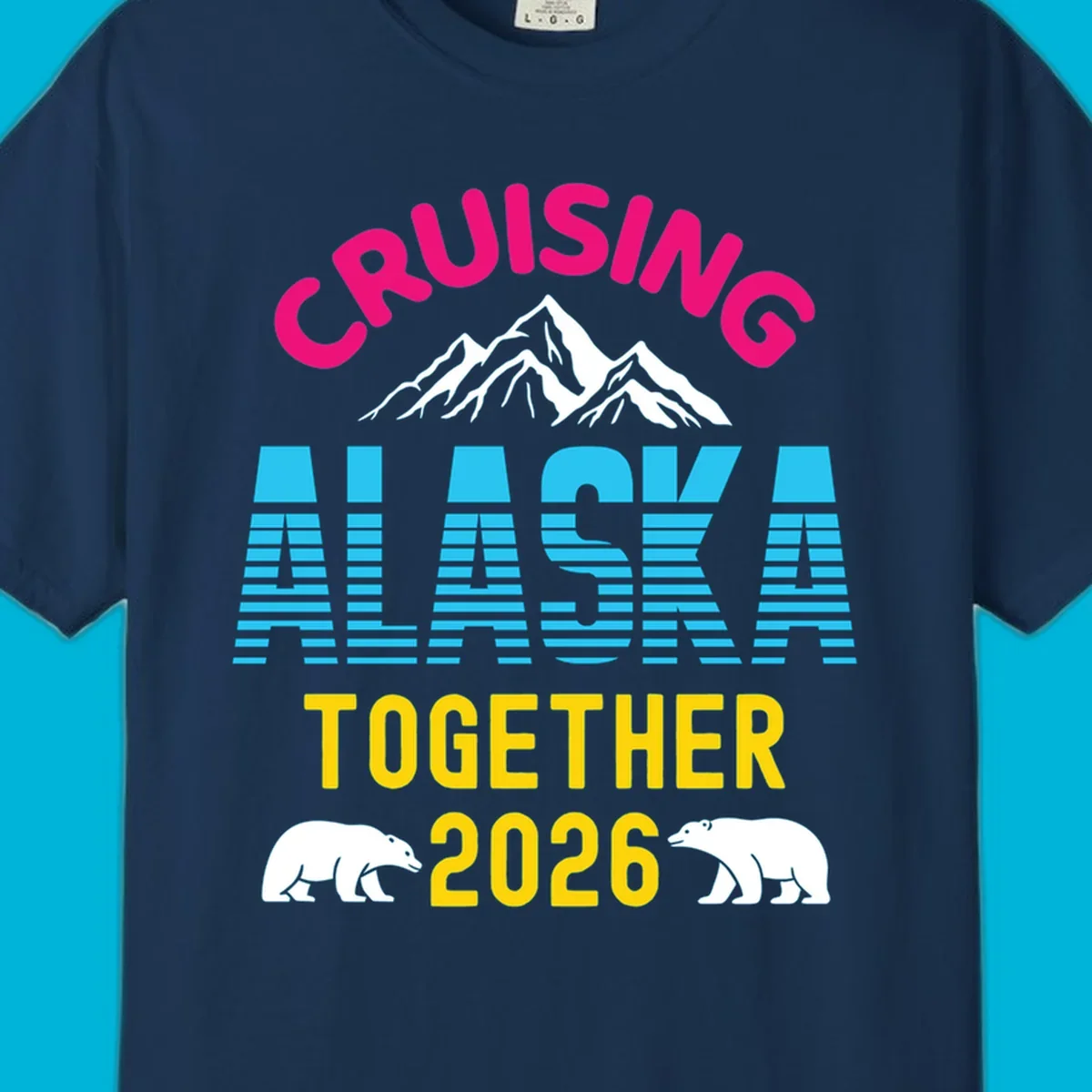 A scenic design for an Alaska cruise in 2026, with pink, blue, and yellow text, mountains, and two polar bears.