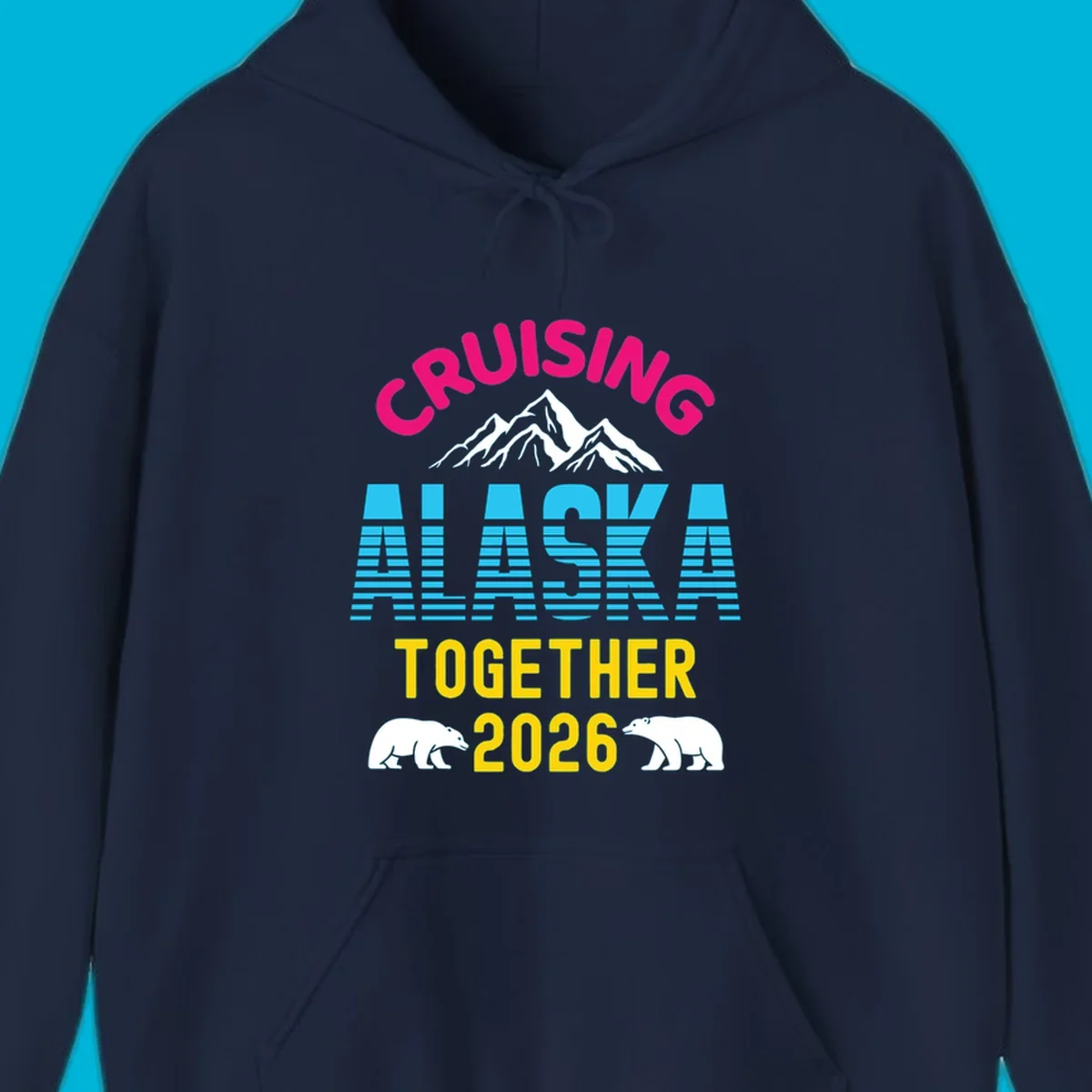A scenic design for an Alaska cruise in 2026, with pink, blue, and yellow text, mountains, and two polar bears.