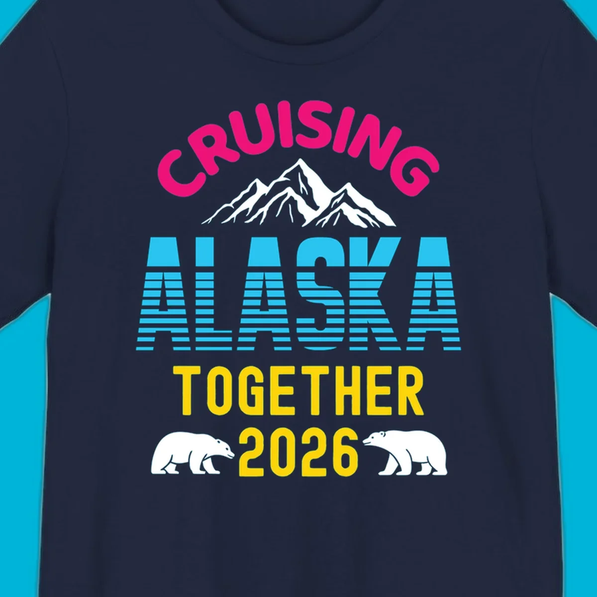 A scenic design for an Alaska cruise in 2026, with pink, blue, and yellow text, mountains, and two polar bears.