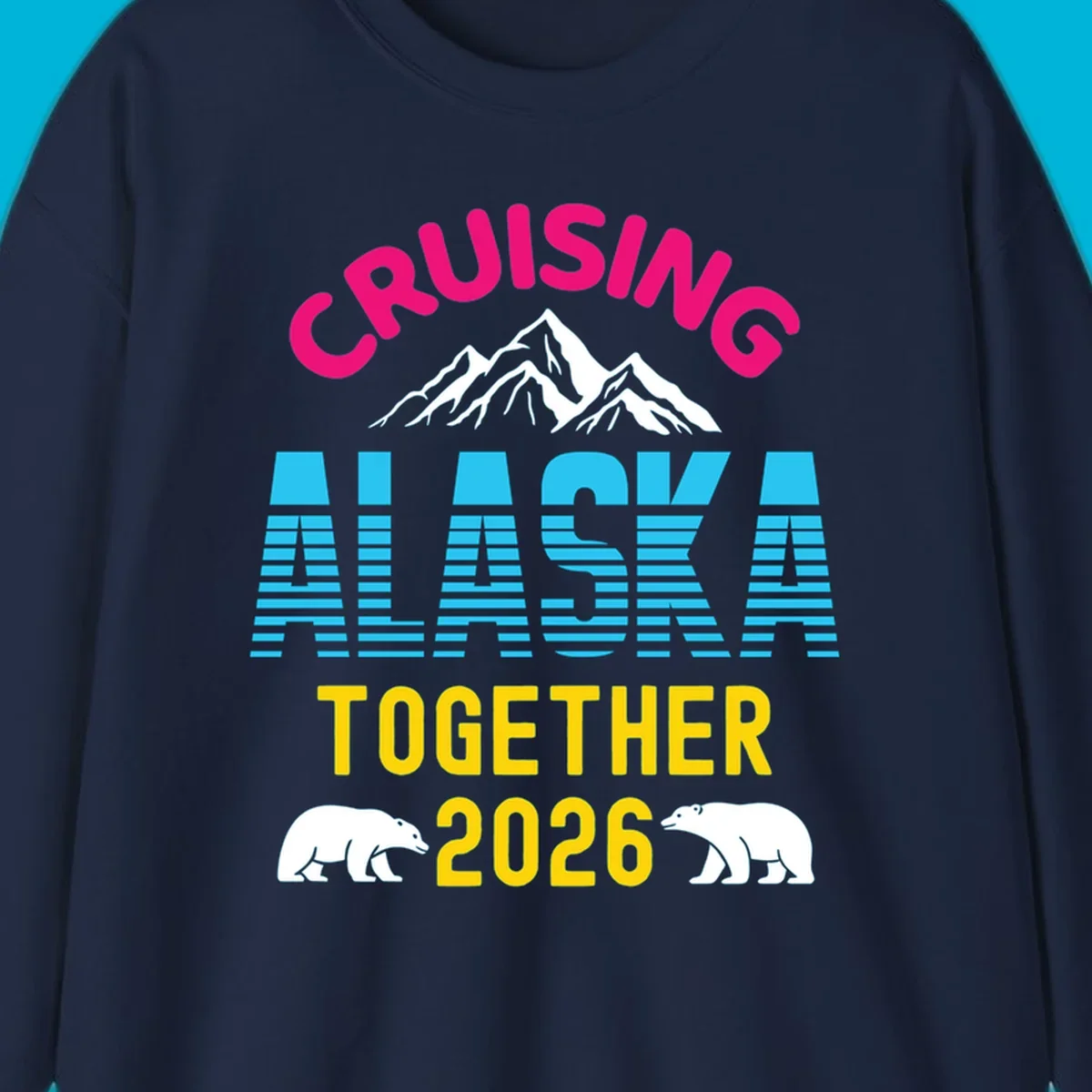 A scenic design for an Alaska cruise in 2026, with pink, blue, and yellow text, mountains, and two polar bears.