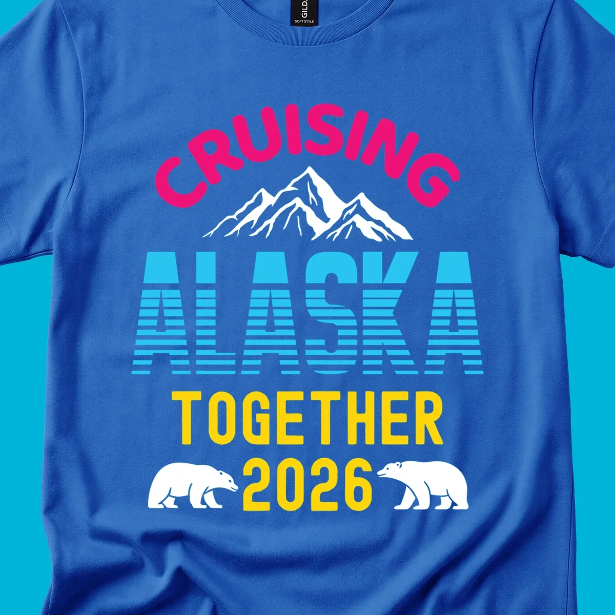 A scenic design for an Alaska cruise in 2026, with pink, blue, and yellow text, mountains, and two polar bears.