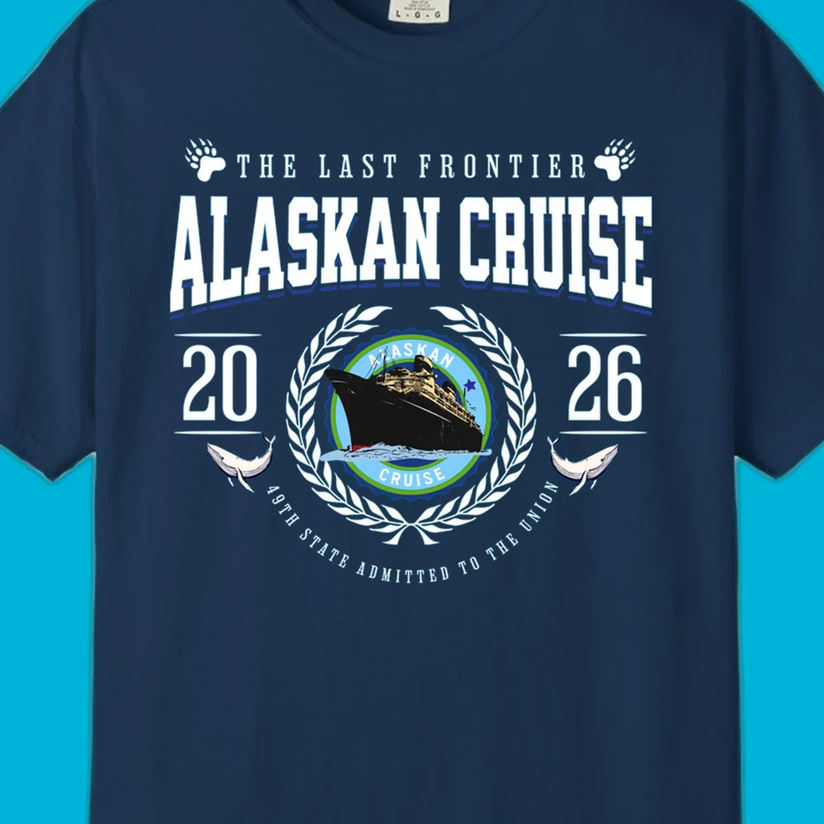 A vintage badge design for an alaskan cruise 2026 emblem with a ship, laurel wreath, whales, and text.