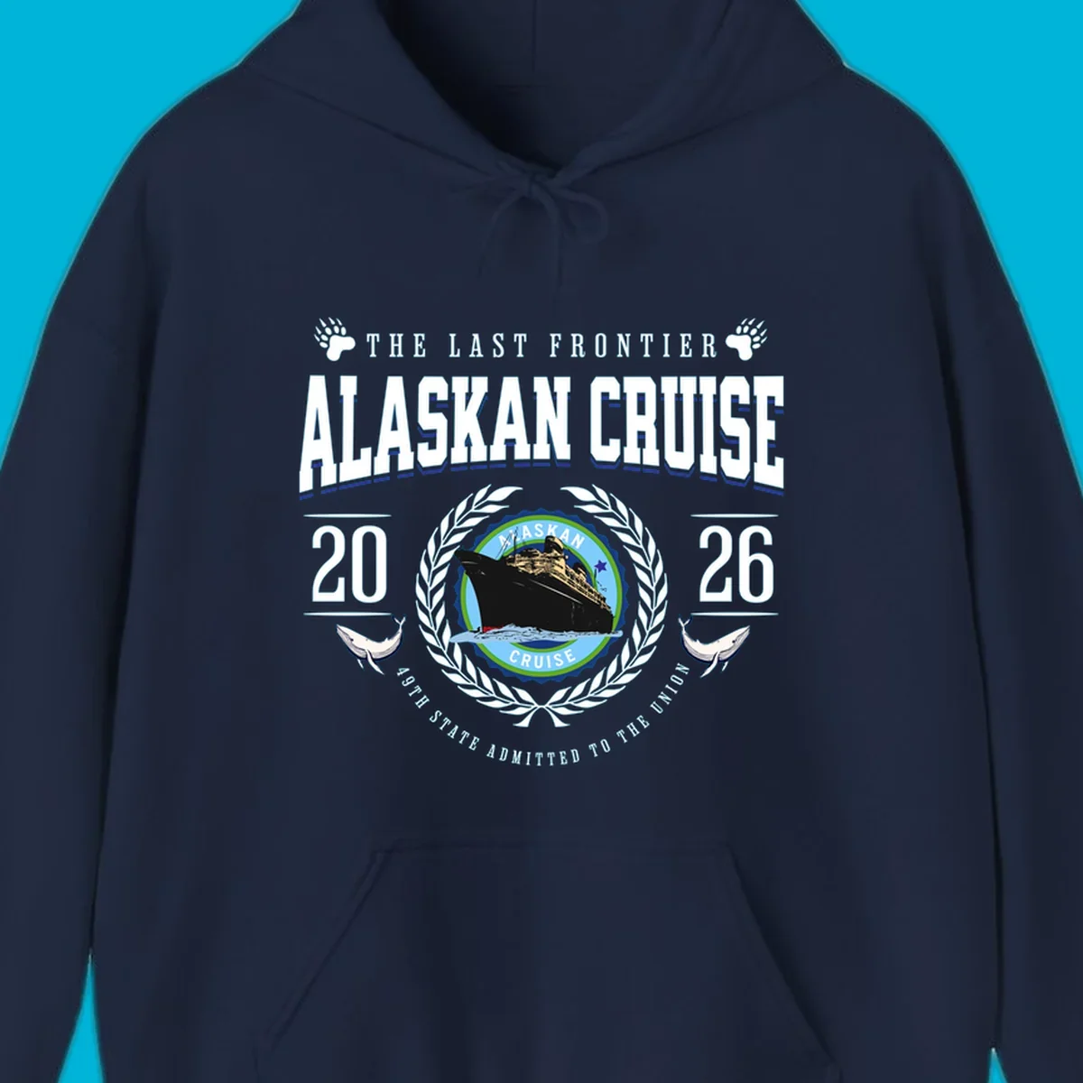 A vintage badge design for an alaskan cruise 2026 emblem with a ship, laurel wreath, whales, and text.