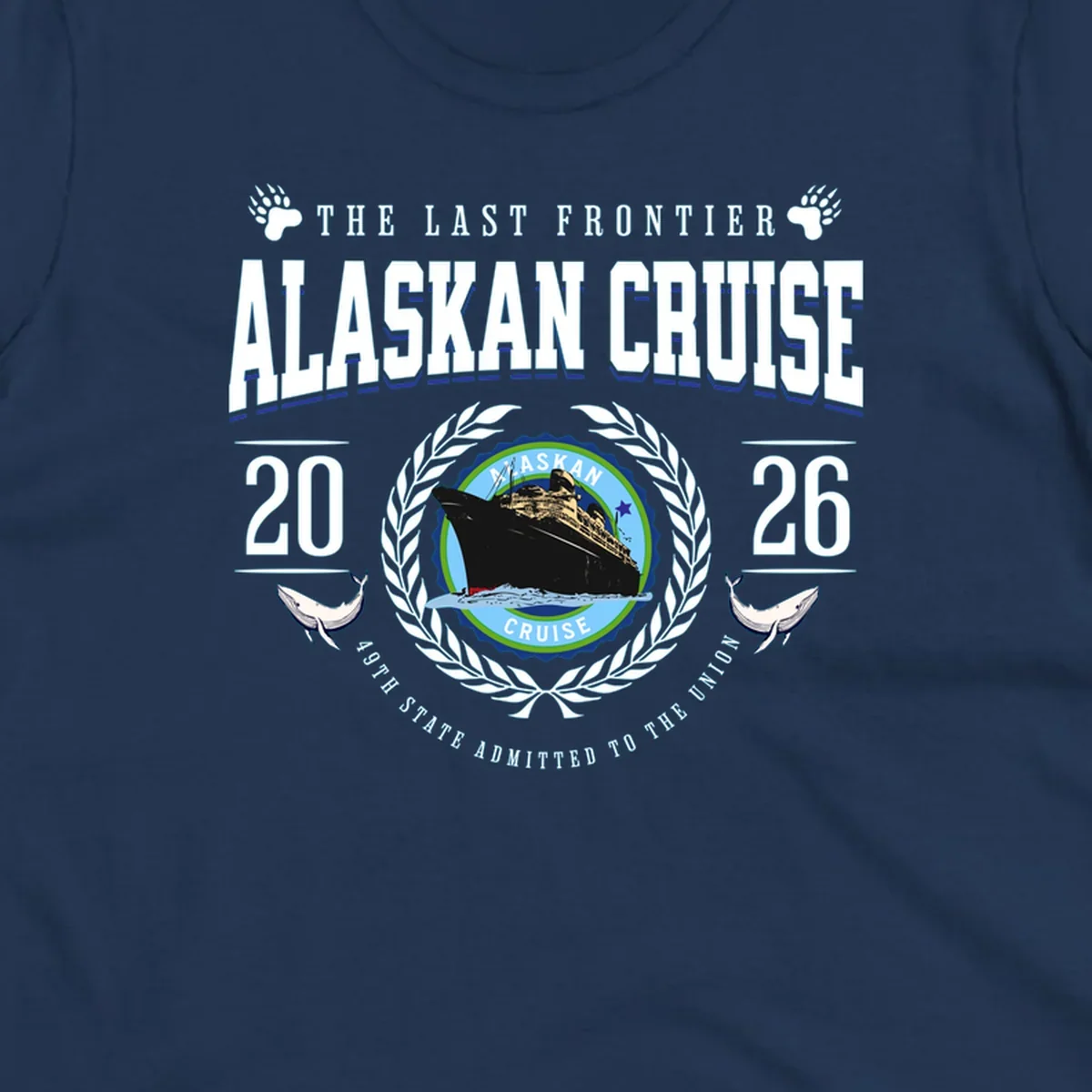 A vintage badge design for an alaskan cruise 2026 emblem with a ship, laurel wreath, whales, and text.