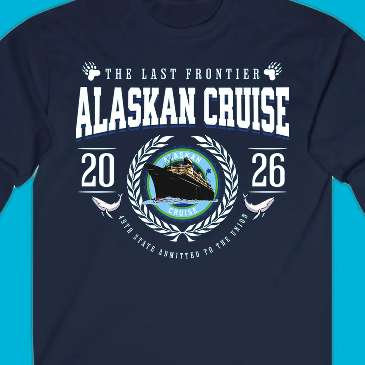 A vintage badge design for an alaskan cruise 2026 emblem with a ship, laurel wreath, whales, and text.