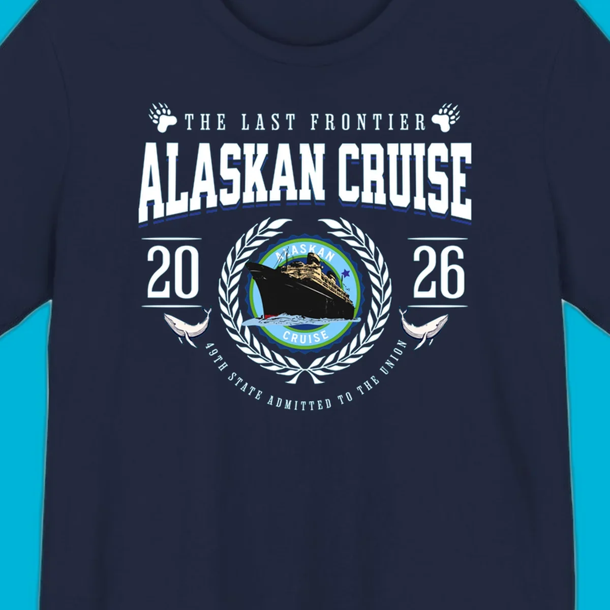 A vintage badge design for an alaskan cruise 2026 emblem with a ship, laurel wreath, whales, and text.