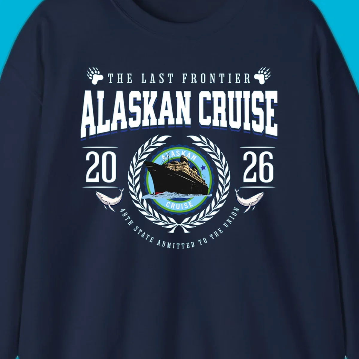 A vintage badge design for an alaskan cruise 2026 emblem with a ship, laurel wreath, whales, and text.