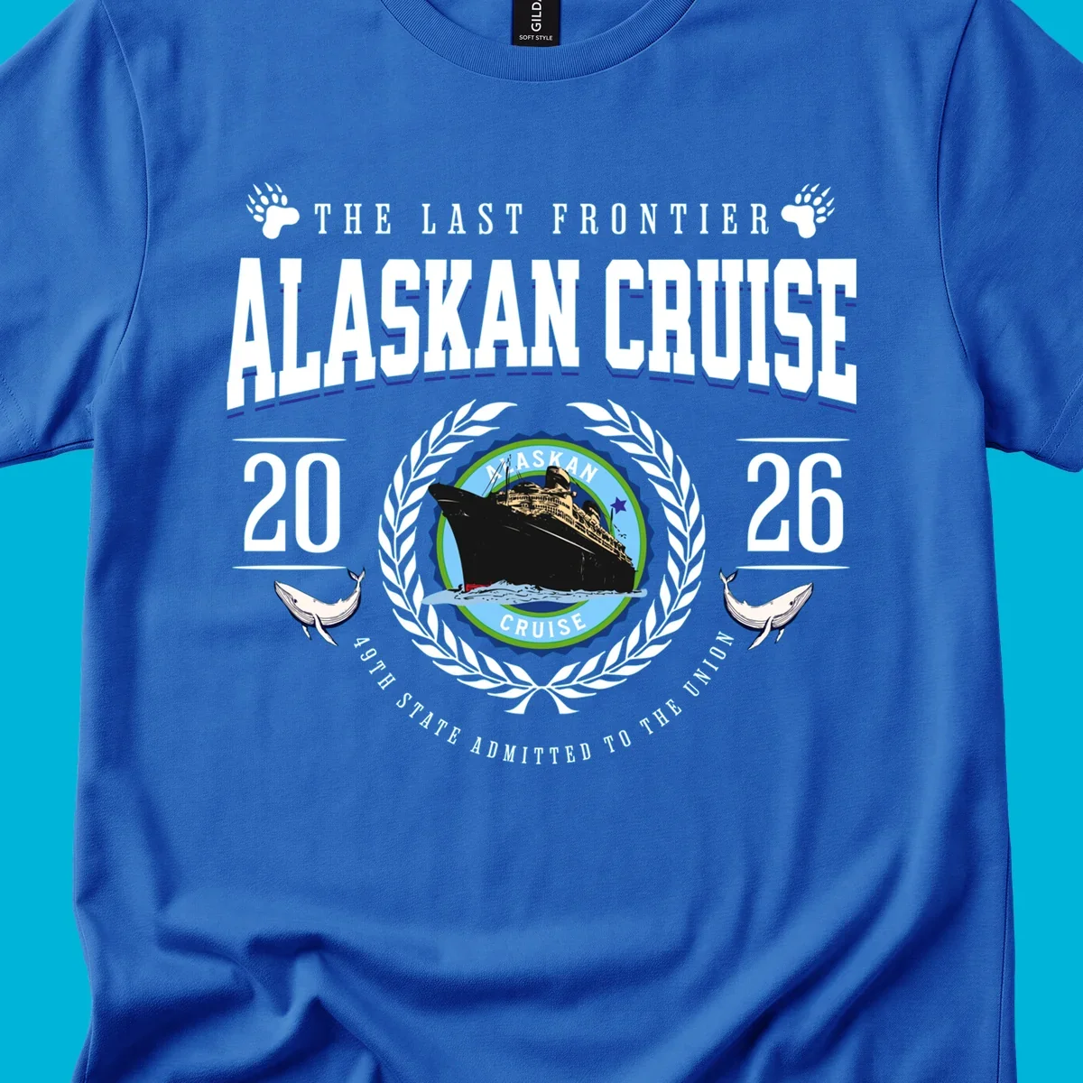 A vintage badge design for an alaskan cruise 2026 emblem with a ship, laurel wreath, whales, and text.