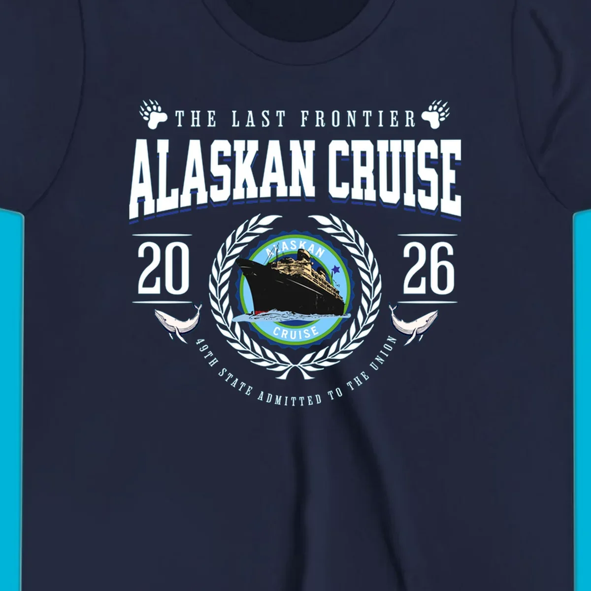 A vintage badge design for an alaskan cruise 2026 emblem with a ship, laurel wreath, whales, and text.