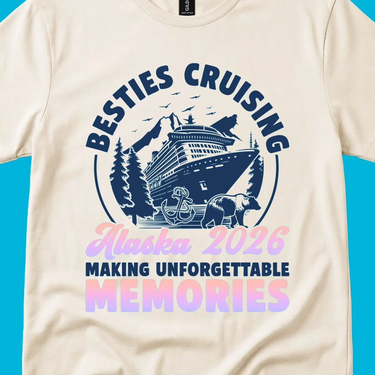 An illustrated design for an Alaska besties cruise in 2026, featuring a ship, mountains, trees, bear, and anchor.