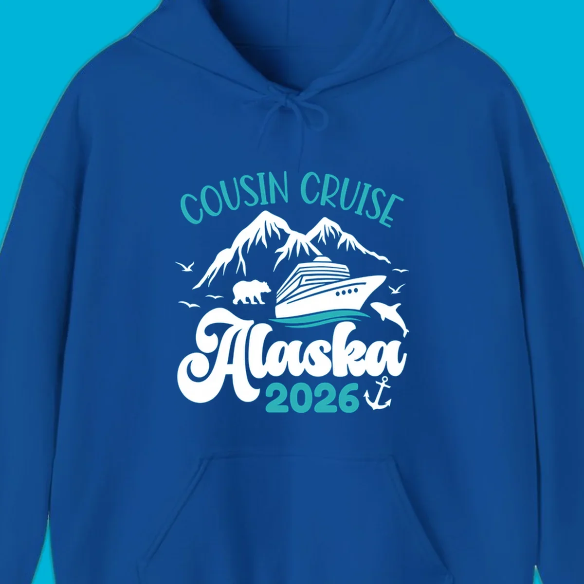 A design for a cousin cruise to Alaska in 2026, featuring a cruise ship, mountains, a bear, dolphin, and anchor.