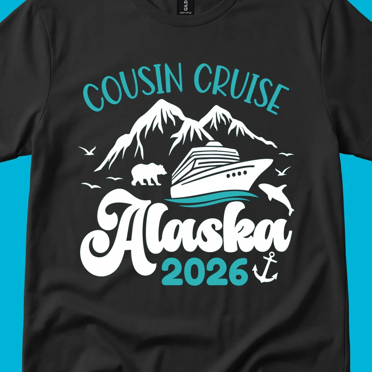 A design for a cousin cruise to Alaska in 2026, featuring a cruise ship, mountains, a bear, dolphin, and anchor.