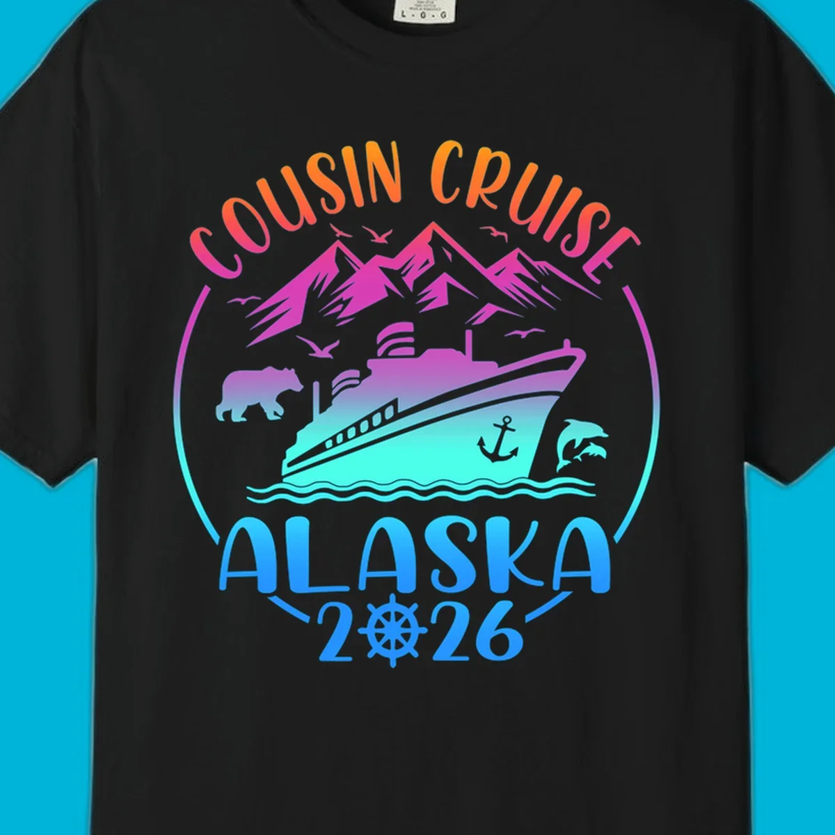 A vibrant gradient illustration for a cousin cruise to Alaska in 2026, featuring a ship, mountains, bear, and dolphins.