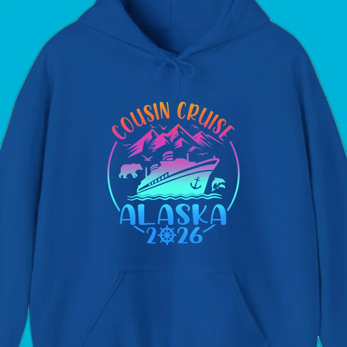 A vibrant gradient illustration for a cousin cruise to Alaska in 2026, featuring a ship, mountains, bear, and dolphins.