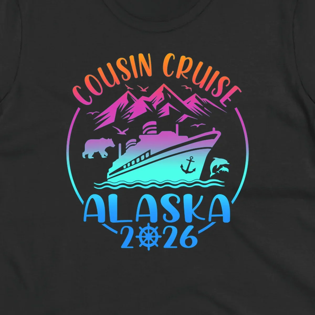 A vibrant gradient illustration for a cousin cruise to Alaska in 2026, featuring a ship, mountains, bear, and dolphins.