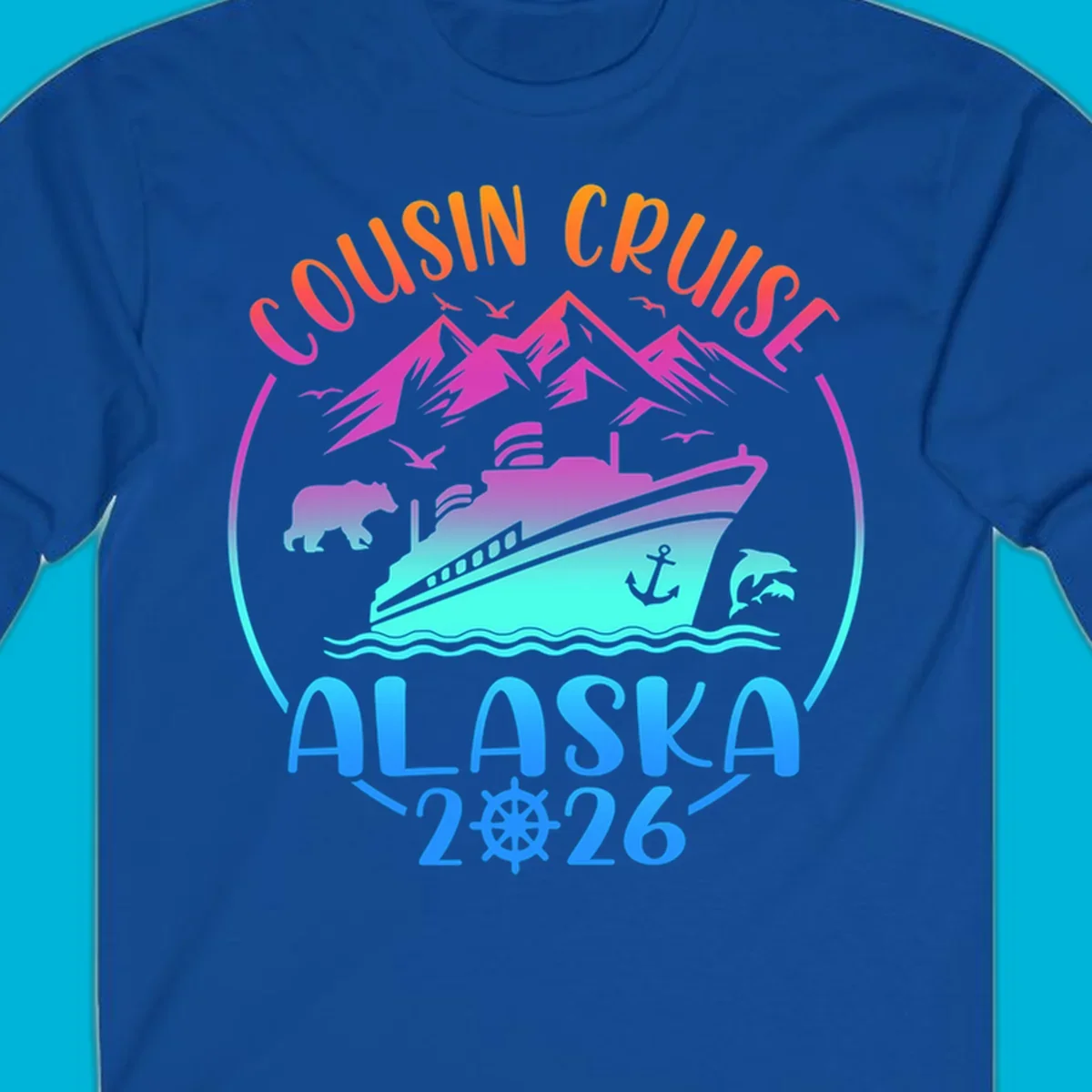 A vibrant gradient illustration for a cousin cruise to Alaska in 2026, featuring a ship, mountains, bear, and dolphins.