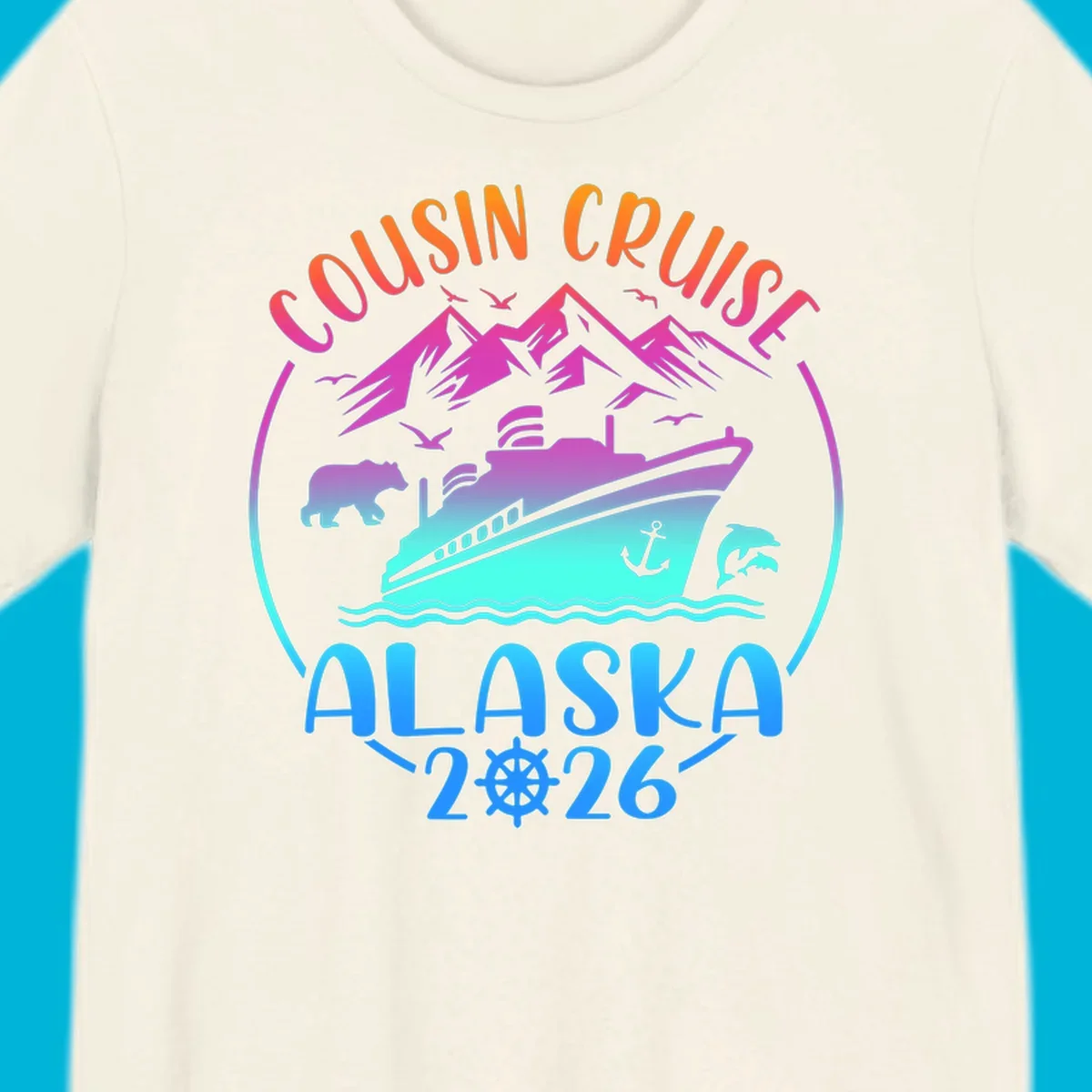 A vibrant gradient illustration for a cousin cruise to Alaska in 2026, featuring a ship, mountains, bear, and dolphins.