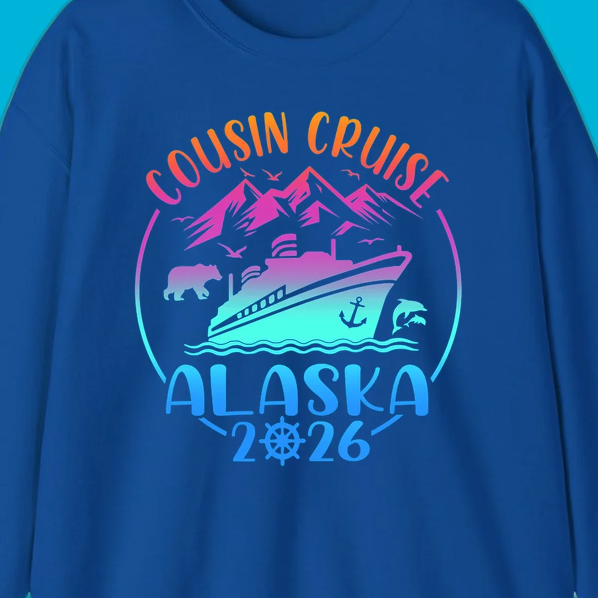 A vibrant gradient illustration for a cousin cruise to Alaska in 2026, featuring a ship, mountains, bear, and dolphins.