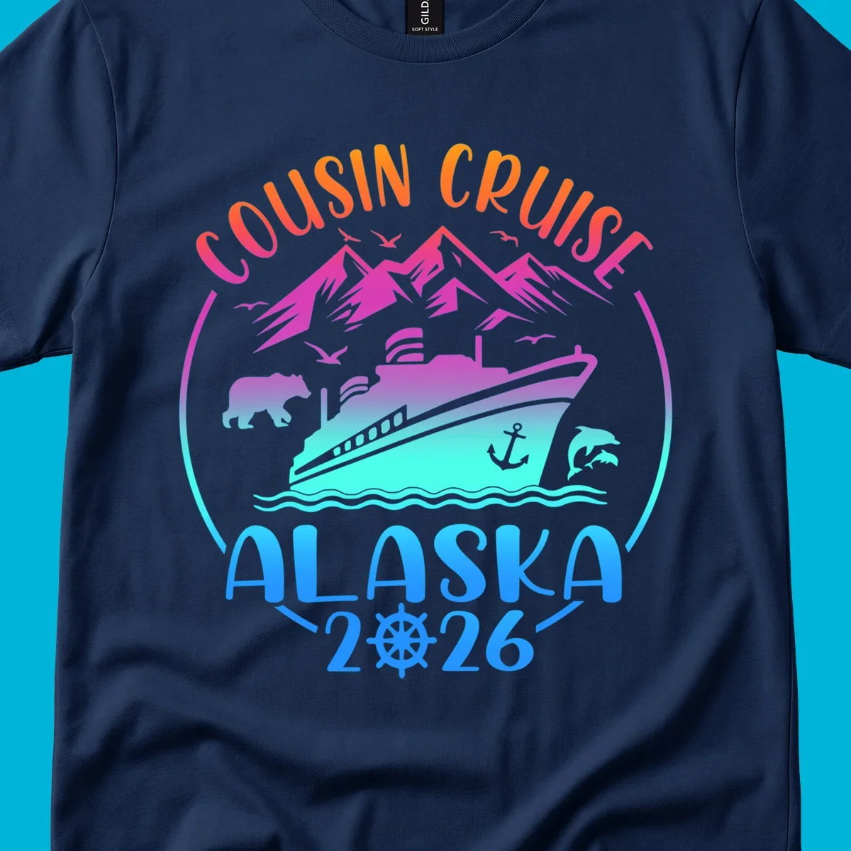 A vibrant gradient illustration for a cousin cruise to Alaska in 2026, featuring a ship, mountains, bear, and dolphins.