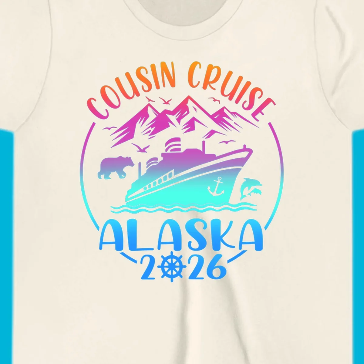 A vibrant gradient illustration for a cousin cruise to Alaska in 2026, featuring a ship, mountains, bear, and dolphins.