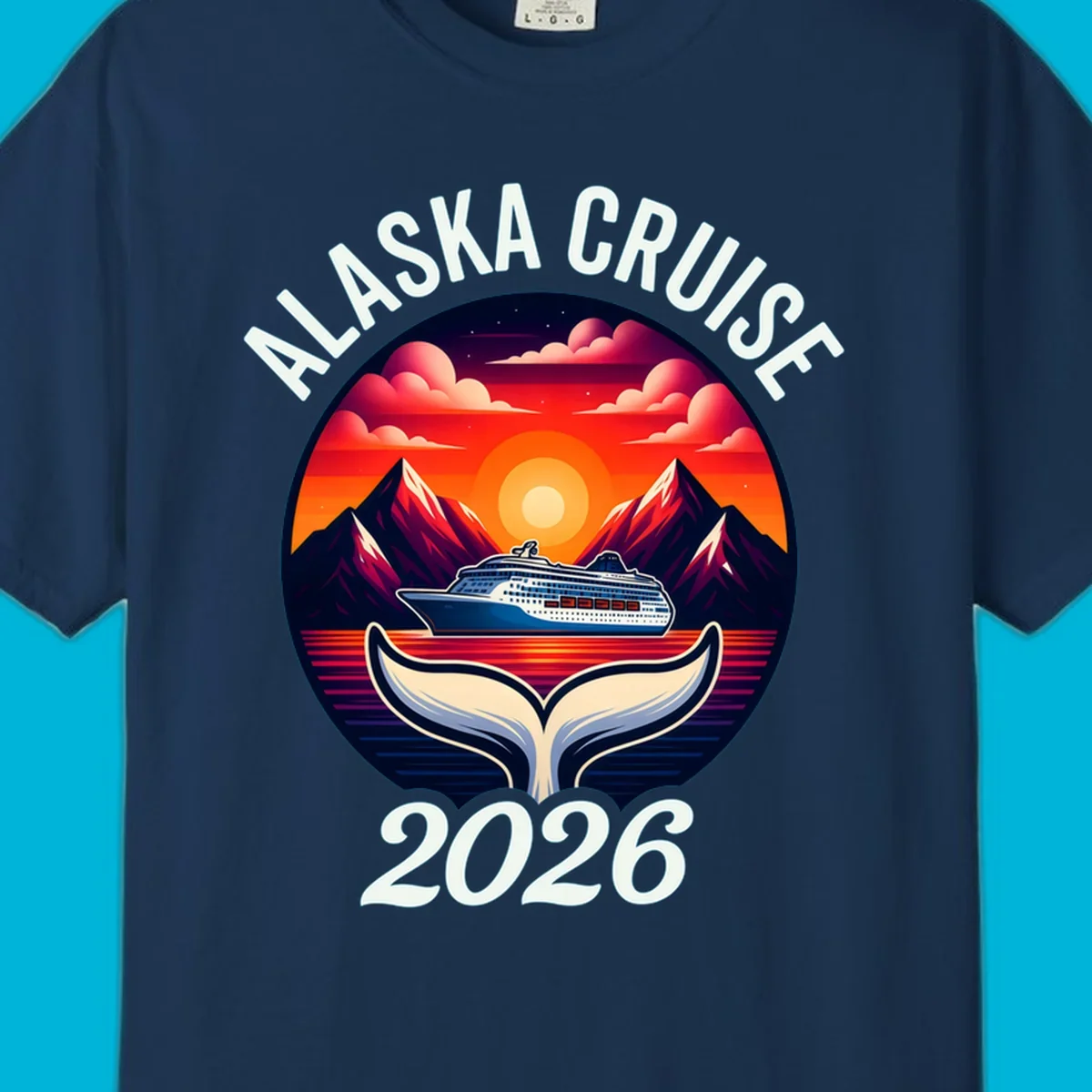 An illustration for an Alaska cruise with a ship, mountains, sunset, and whale tail in a circle, text "ALASKA CRUISE 2026".