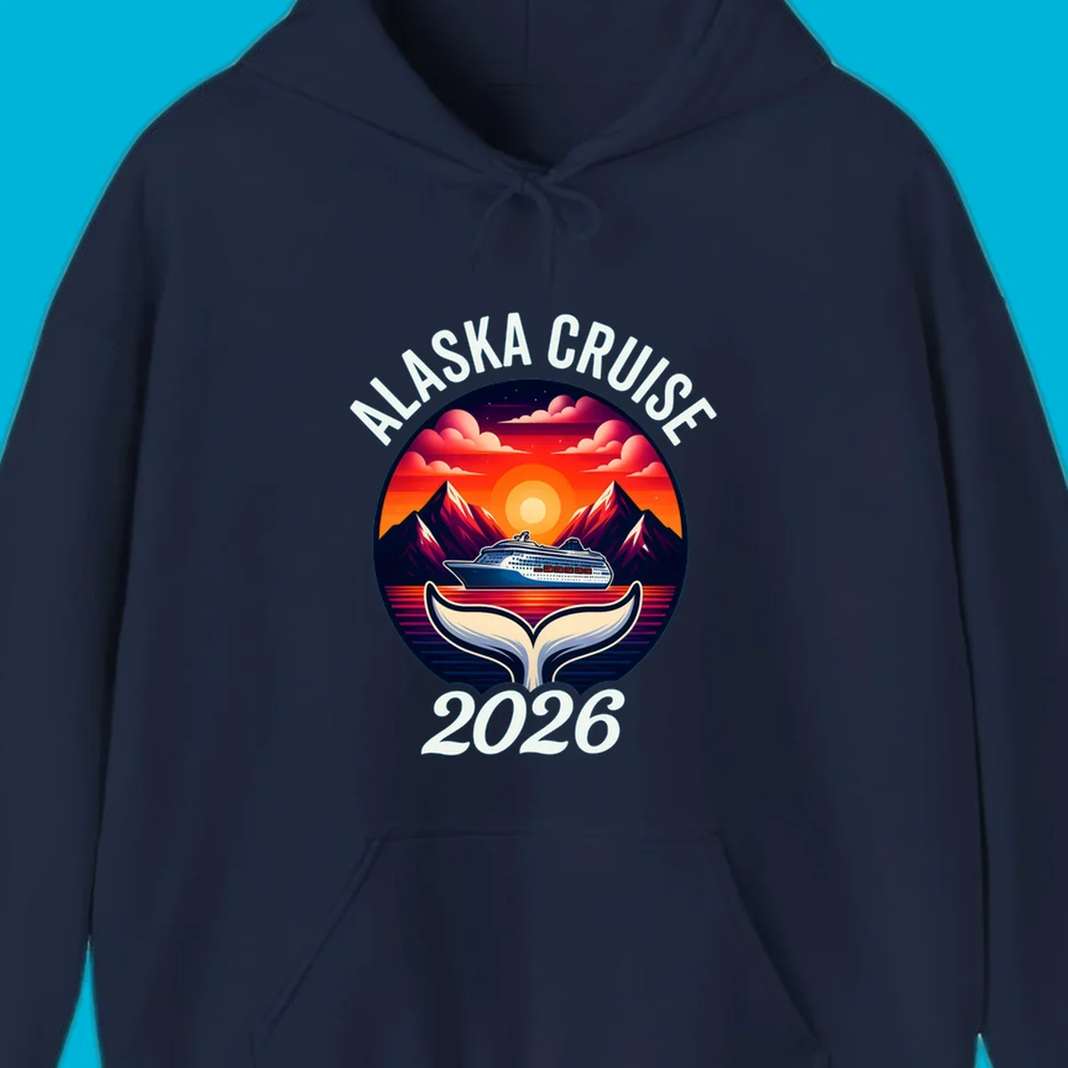 An illustration for an Alaska cruise with a ship, mountains, sunset, and whale tail in a circle, text "ALASKA CRUISE 2026".