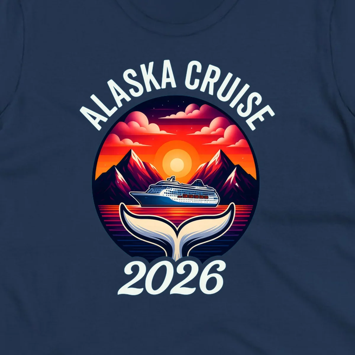An illustration for an Alaska cruise with a ship, mountains, sunset, and whale tail in a circle, text "ALASKA CRUISE 2026".