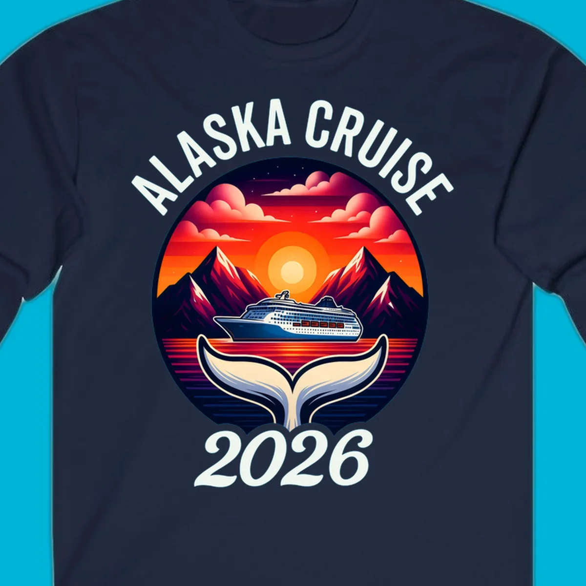 An illustration for an Alaska cruise with a ship, mountains, sunset, and whale tail in a circle, text "ALASKA CRUISE 2026".