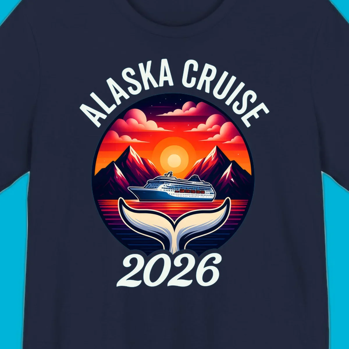 An illustration for an Alaska cruise with a ship, mountains, sunset, and whale tail in a circle, text "ALASKA CRUISE 2026".