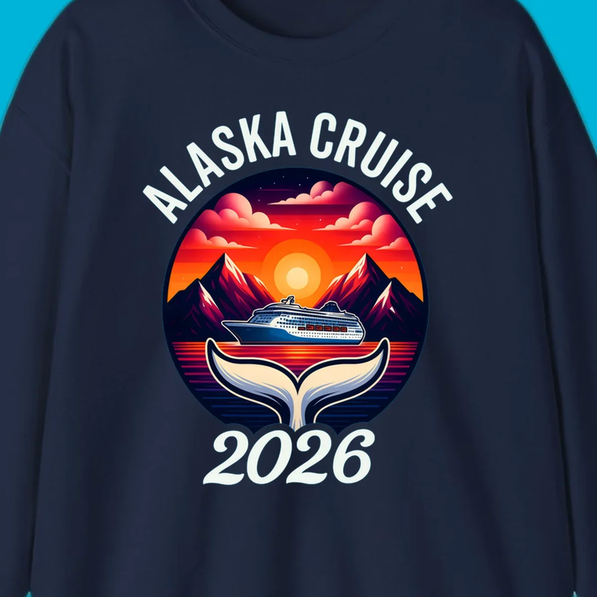An illustration for an Alaska cruise with a ship, mountains, sunset, and whale tail in a circle, text "ALASKA CRUISE 2026".