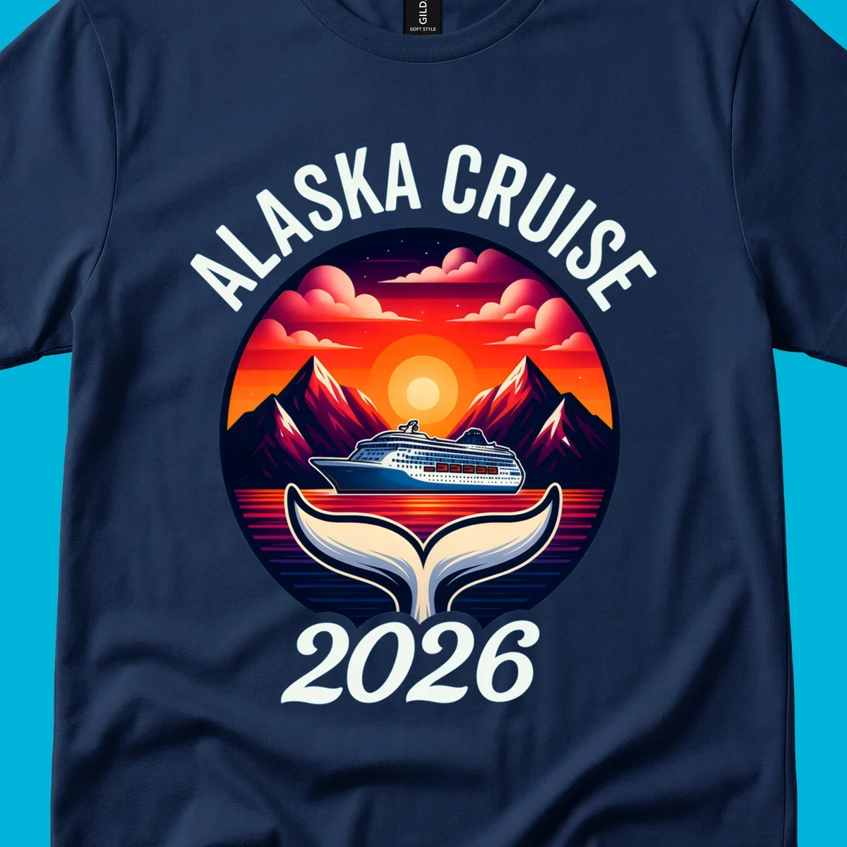 An illustration for an Alaska cruise with a ship, mountains, sunset, and whale tail in a circle, text "ALASKA CRUISE 2026".
