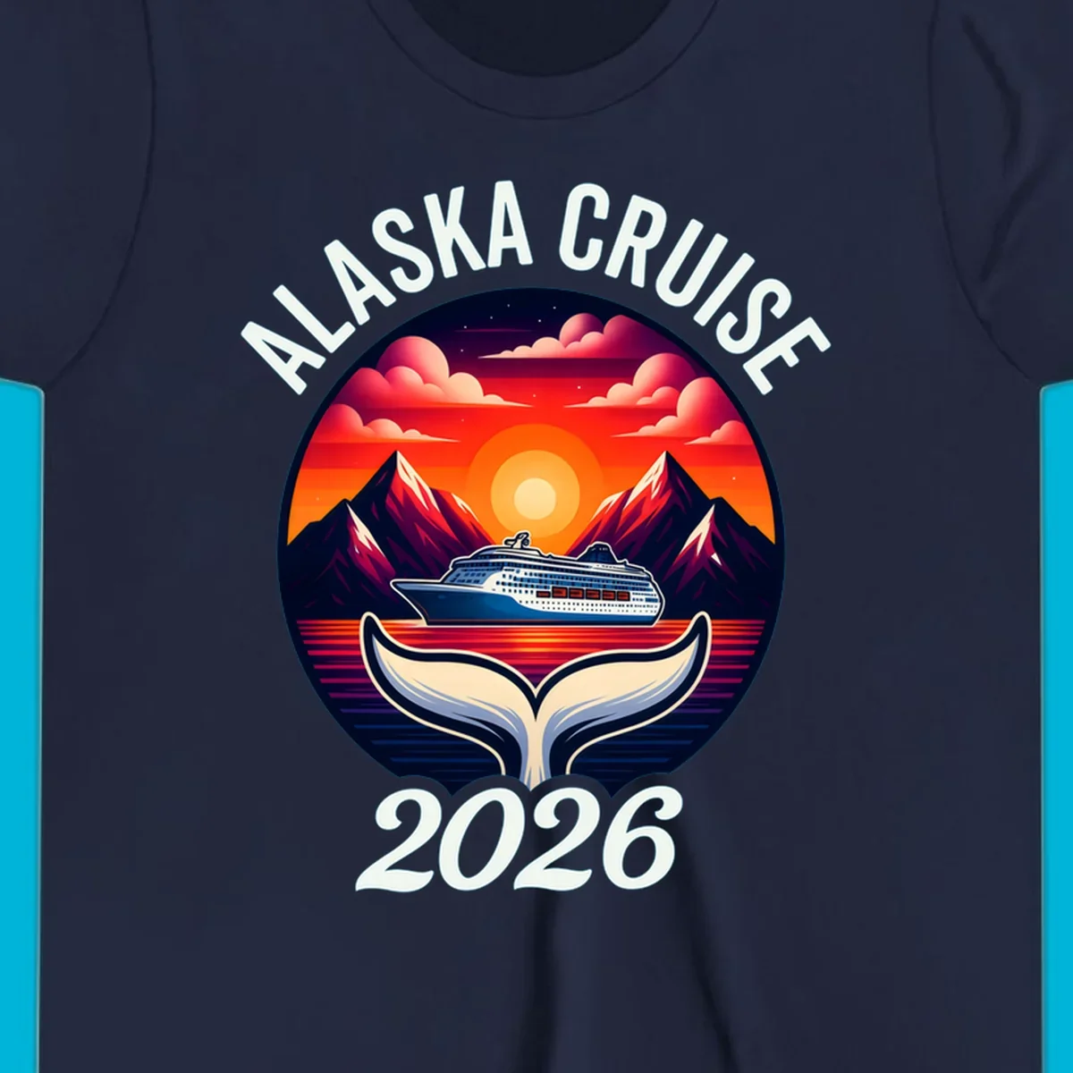 An illustration for an Alaska cruise with a ship, mountains, sunset, and whale tail in a circle, text "ALASKA CRUISE 2026".