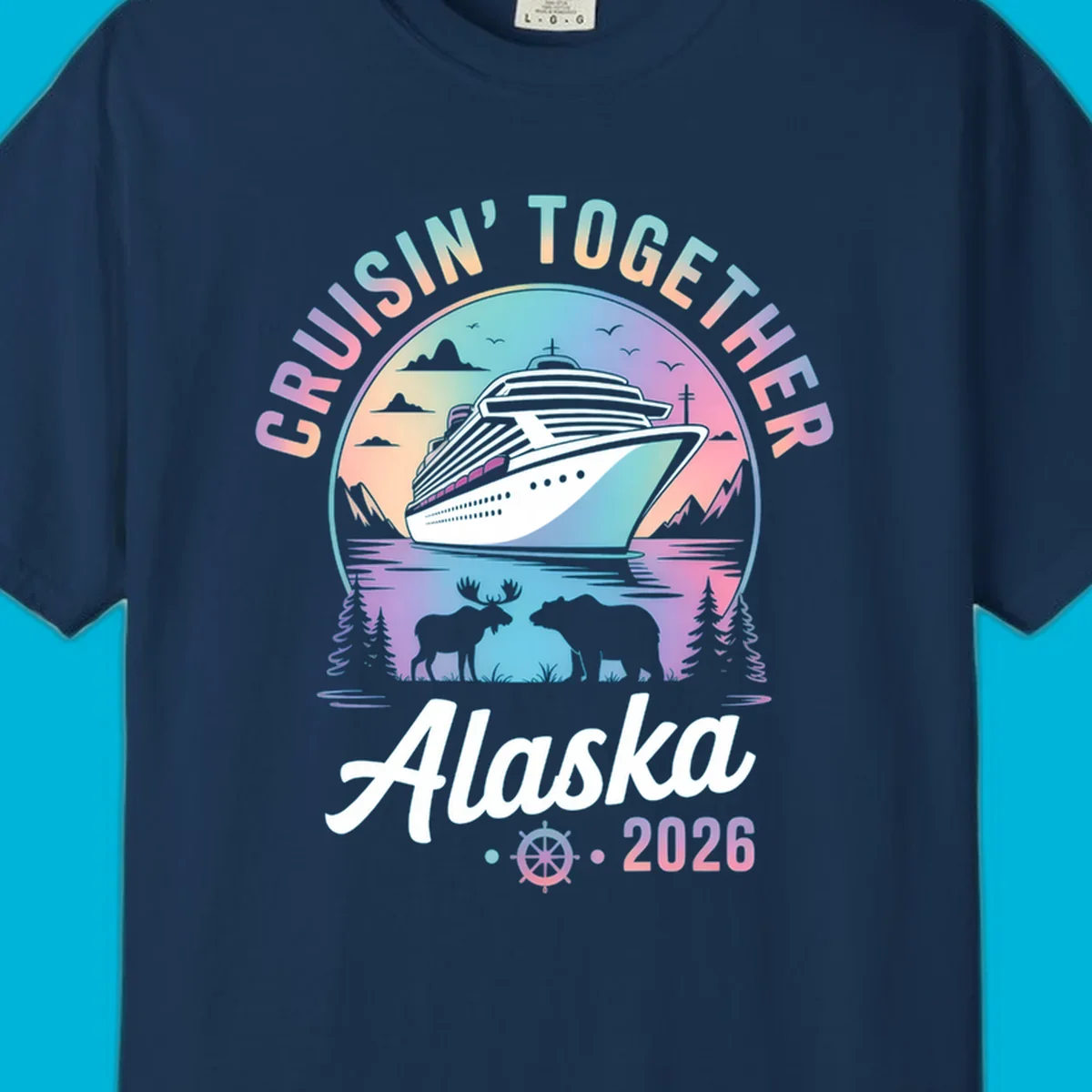 A scenic circular design for Cruisin Together Alaska 2026, showing a cruise ship, mountains, moose, and bear.