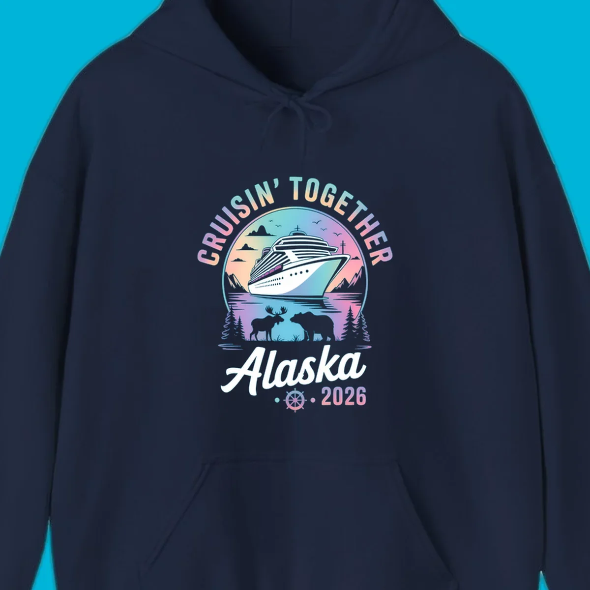A scenic circular design for Cruisin Together Alaska 2026, showing a cruise ship, mountains, moose, and bear.