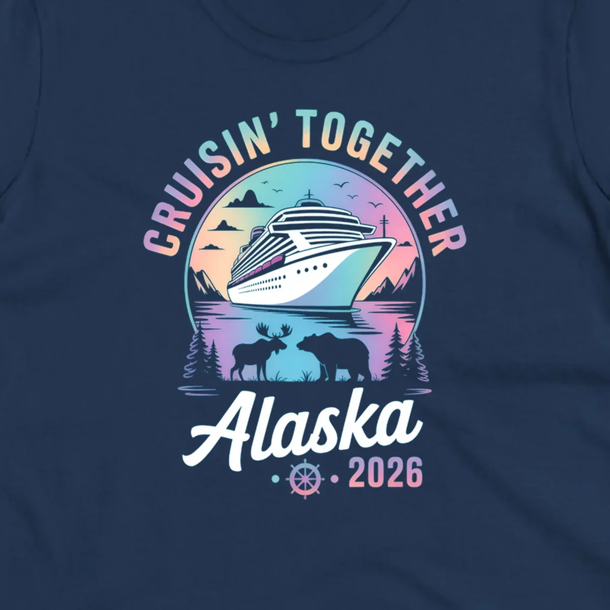 A scenic circular design for Cruisin Together Alaska 2026, showing a cruise ship, mountains, moose, and bear.