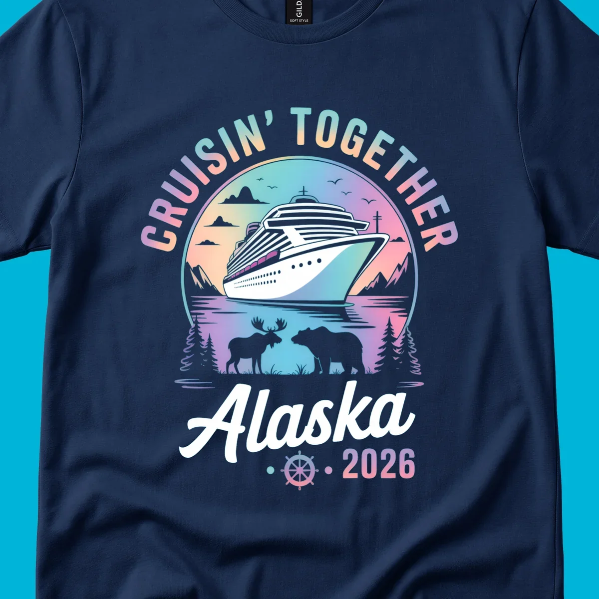 A scenic circular design for Cruisin Together Alaska 2026, showing a cruise ship, mountains, moose, and bear.