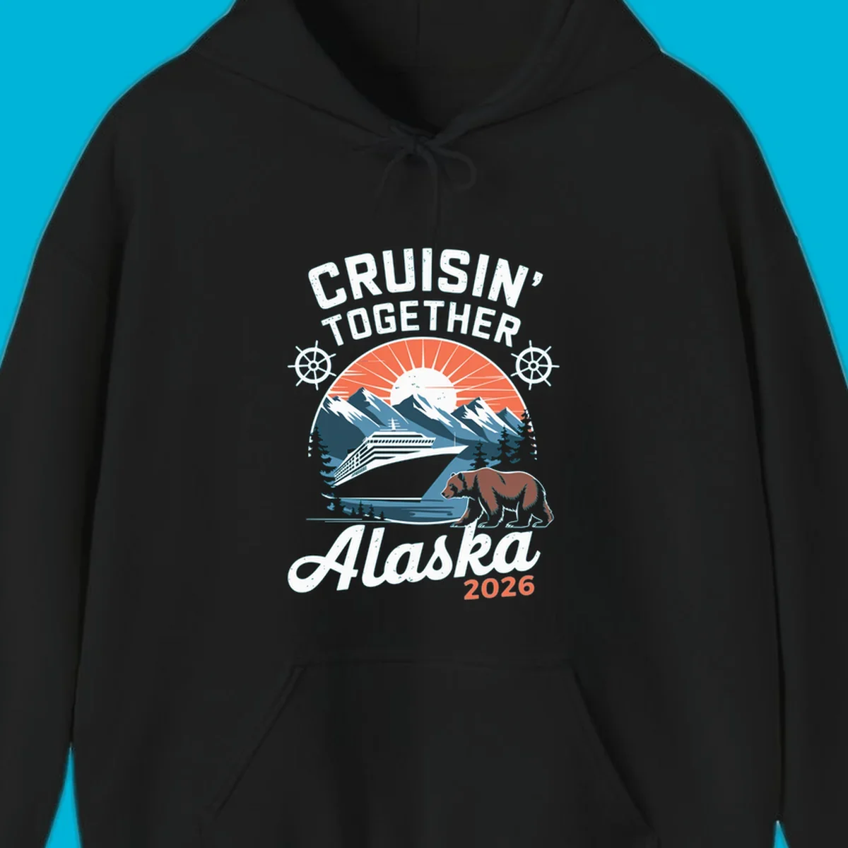 Vintage style illustration for Cruisin' Together Alaska 2026, showing a cruise ship, mountains, sun, and a brown bear.