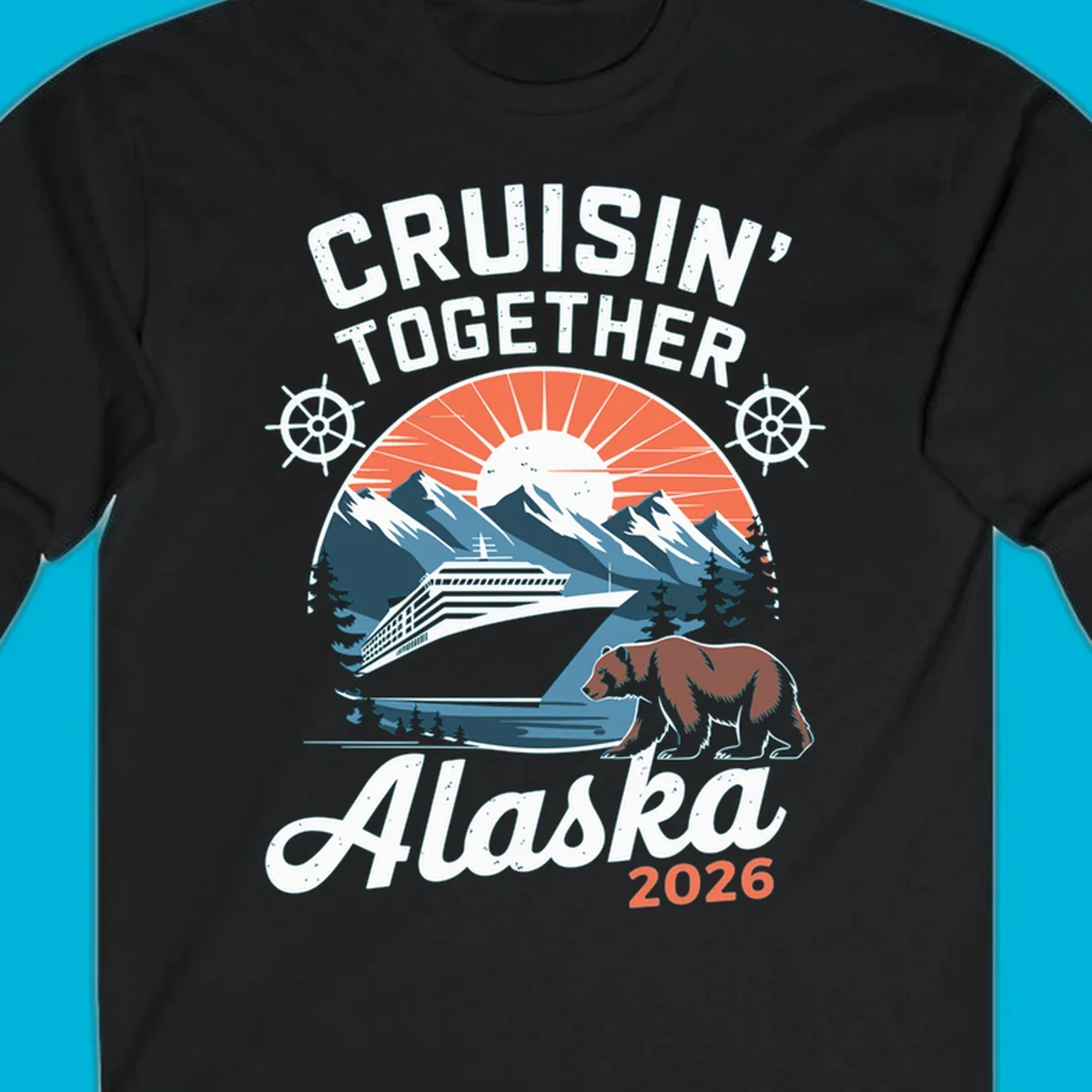 Vintage style illustration for Cruisin' Together Alaska 2026, showing a cruise ship, mountains, sun, and a brown bear.