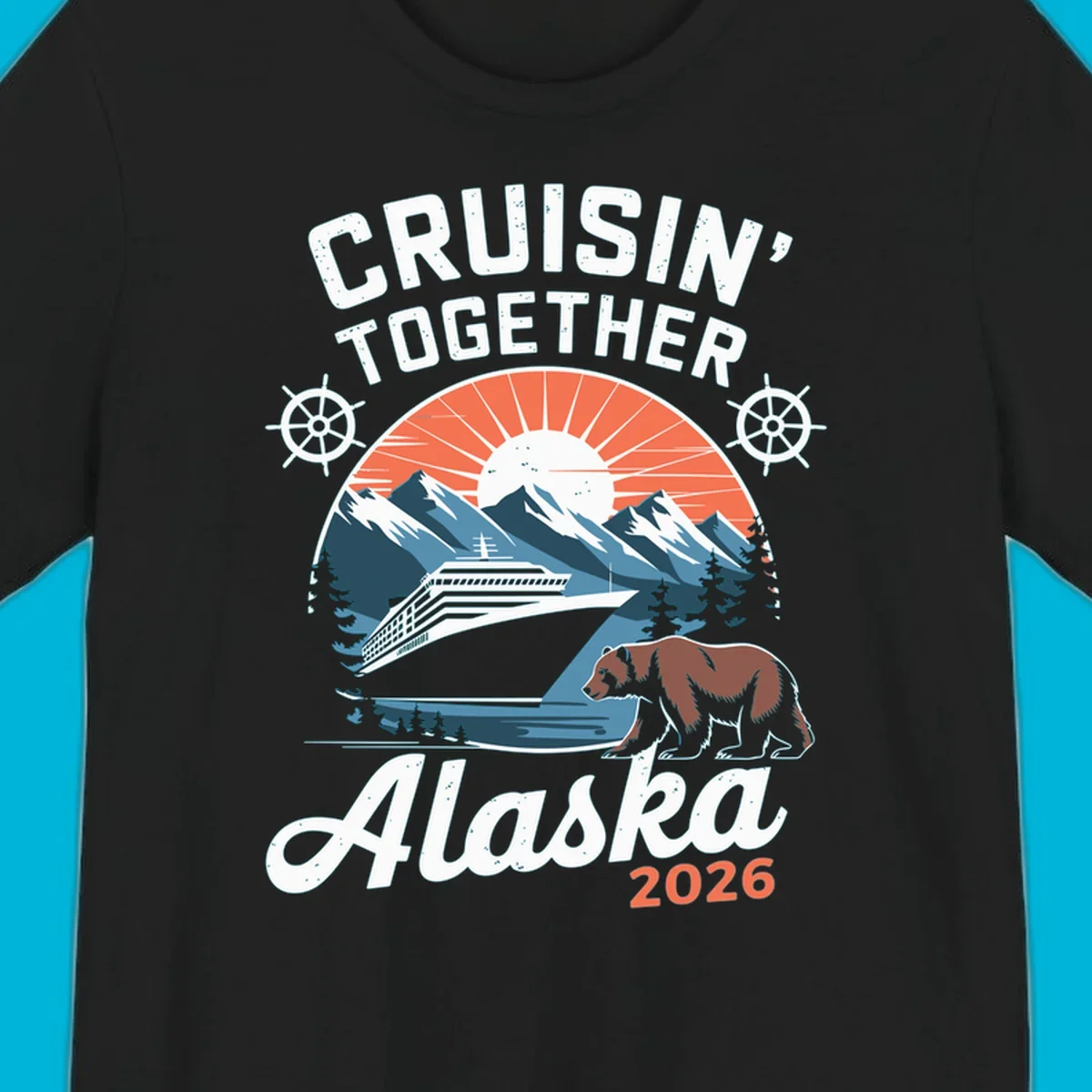 Vintage style illustration for Cruisin' Together Alaska 2026, showing a cruise ship, mountains, sun, and a brown bear.